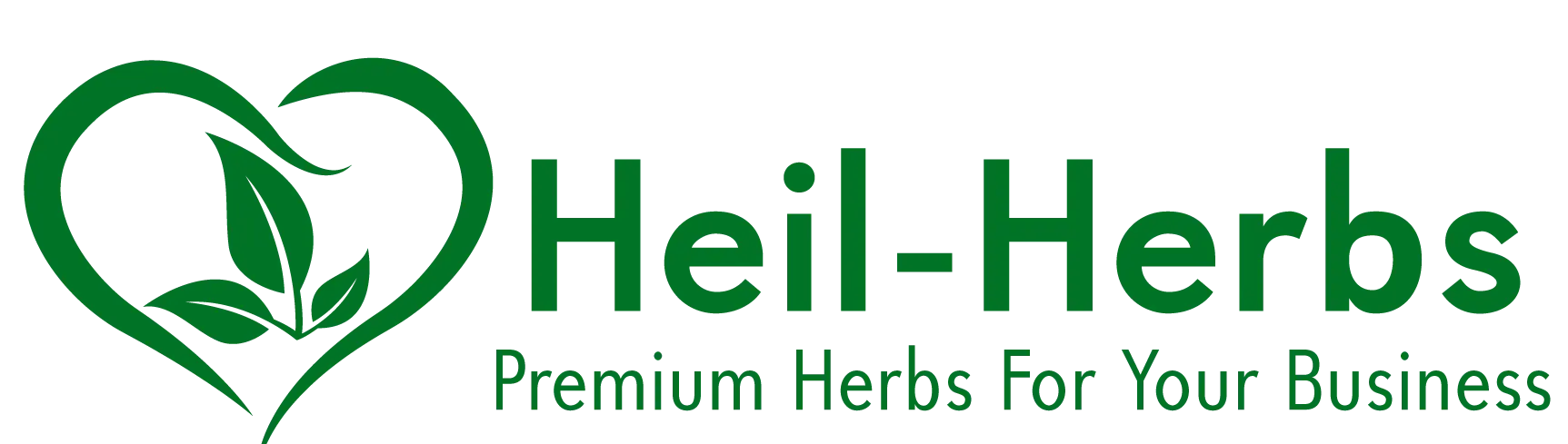 A green logo featuring a stylized heart with leaves inside on the left, and the text "Heil-Herbs" to the right. Below "Heil-Herbs" is the tagline "Premium Herbs For Your Business" in green.